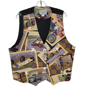 Vintage Tapestry Vest Union Jack Car Racing United Kingdom Women Plus 1X